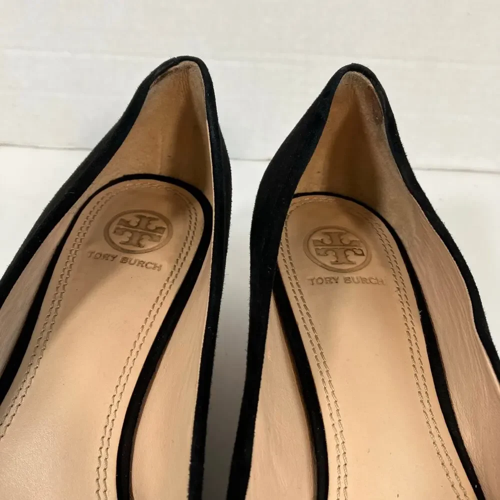 Tory Burch Sz 9 Greenwich Black Suede Kitten Heels Pointed Toe Logo Heel